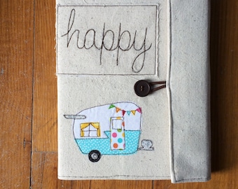 Happy Camper Covered Composition Book with pen, made to order, notebook, journal, guest book, cute notebook, vintage camper, shasta trailer