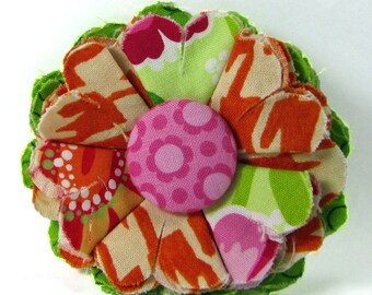 Fabric Flower Pin, Fabric Flower Brooch, raw edge flower, pink, green, orange - FP09