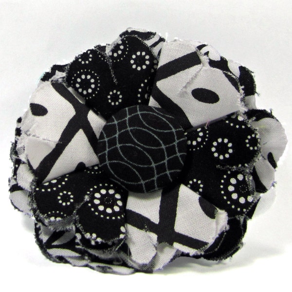 Fabric Flower Pin, Fabric Flower Brooch, raw edge flower, black, white - FP18