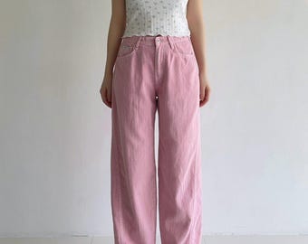 Pantalones de algodón de corte recto – Textura de lino, cintura elástica, estilo coreano