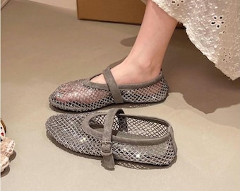 MÁS VENDIDO Bailarinas Mary Jane de malla con cuentas hechas a mano / Zapatos de ballet brillantes de primera calidad / Bolsita de regalo exclusiva CocoandEunice