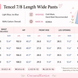 Puede incluir: Pantalones anchos de largo 7/8 en Tencel azul claro con cintura el&aacute;stica. La imagen incluye una tabla de tallas detallada con medidas en cm para las tallas S a XL, que enumera cintura, cadera, tiro delantero, abertura de pierna y longitud.