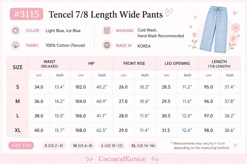 Puede incluir: Pantalones anchos de largo 7/8 en Tencel azul claro con cintura el&aacute;stica. La imagen incluye una tabla de tallas detallada con medidas en cm para las tallas S a XL, que enumera cintura, cadera, tiro delantero, abertura de pierna y longitud.