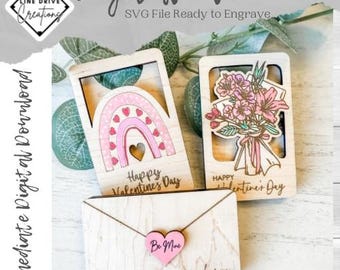 Valentines Day Envelope, Hearts, Rainbow, Flower Bouquet for laser cut file, Valentine's Gift Card Holder SVG, Wooden Gift Card Holder SVG