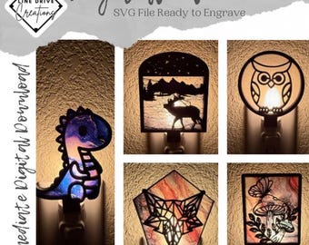 Night Light SVG Bundle, Fox Night Light, Dinosaur Night Light, Owl Night light, Mushroom Night Light, Laser cut file, SVG File, Elk SVG