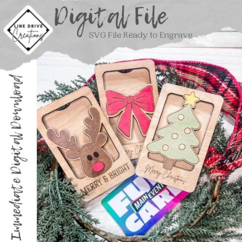 May include: Three wooden Christmas card blanks with engraved designs. The designs include a reindeer with the text "Merry & Bright", a Christmas tree with the text "Merry Christmas", and a bow with the text "Merry Christmas".