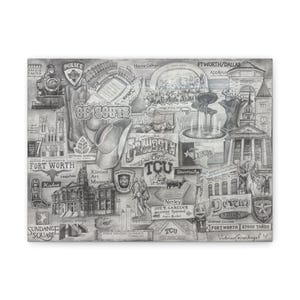 TCU & Fort Worth Western Art Print: Texas Canvas Reproduction of Hand-Drawn Collage, Home Gallery Piece, Gift for Texas Lovers