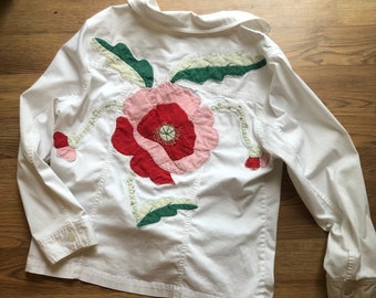 White jacket with vintage floral quilt appliqué patch on back - 1X