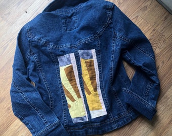 Jean jacket with vintage quilt patchs on back - S