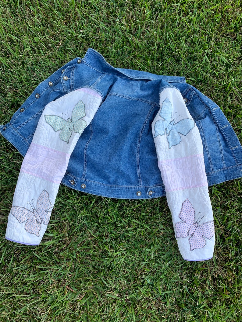 Fall jacket with vintage butterfly quilt sleeves and thrifted denim jacket body XL image 3