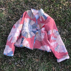 Quilt Coat Jacket using vintage handmade patchwork quilt - boho - shabby chic - one size fits M / L / XL - Happy Campers of the South (QC9)