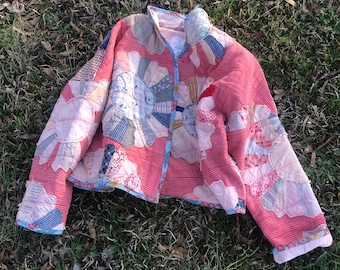 Quilt Coat Jacket using vintage handmade patchwork quilt - boho - shabby chic - M / L / XL - Happy Campers of the South (QC9)