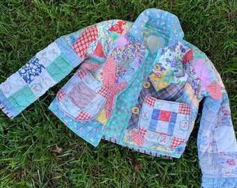 Quilt Coat Jacket made with vintage handmade quilt - size XS / S - Happy Campers of the South (QC26)