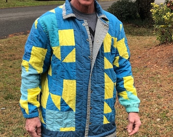 Men's Quilt Coat Jacket made with vintage handmade quilt - size XL / XXL - Happy Campers of the South (QC24)