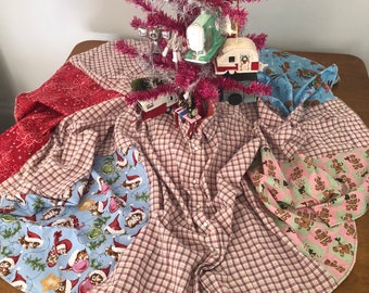 Christmas tree skirt from plaid shirt and fabric scraps