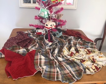 Christmas tree skirt from plaid shirt and fabric scraps