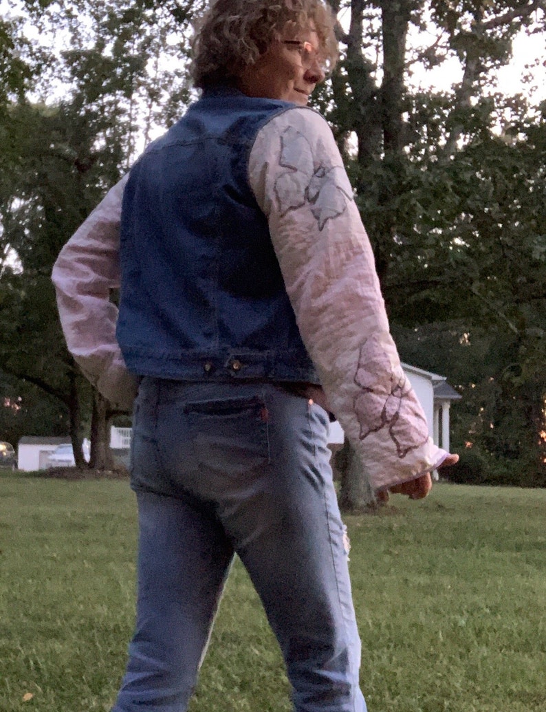 Fall jacket with vintage butterfly quilt sleeves and thrifted denim jacket body XL image 7