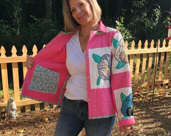 Handmade Quilt Coat Jacket using vintage handmade pansy quilt - reversible - S - Happy Campers of the South (QC16)