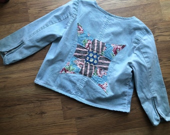 Denim top or jacket with vintage quilt patch on back - size PS