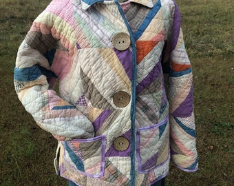 Quilt Coat Jacket made with vintage handmade quilt - size L - Happy Campers of the South (QC23)