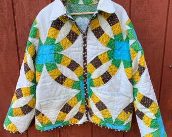 Quilt Coat Jacket made with vintage handmade quilt - size XL - yellow green blue brown - Happy Campers of the South (QC30)