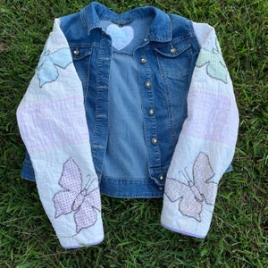 Fall jacket with vintage butterfly quilt sleeves and thrifted denim jacket body XL image 1