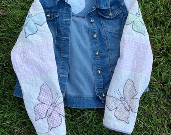 Fall jacket with vintage butterfly quilt sleeves and thrifted denim jacket body - XL