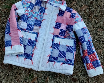 Quilt Coat Jacket made with vintage handmade patchwork quilt - size L / XL - red white blue - Happy Campers of the South (QC32)