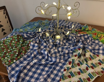 Christmas tree skirt from plaid shirt and fabric scraps