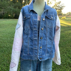 Fall jacket with vintage butterfly quilt sleeves and thrifted denim jacket body XL image 4