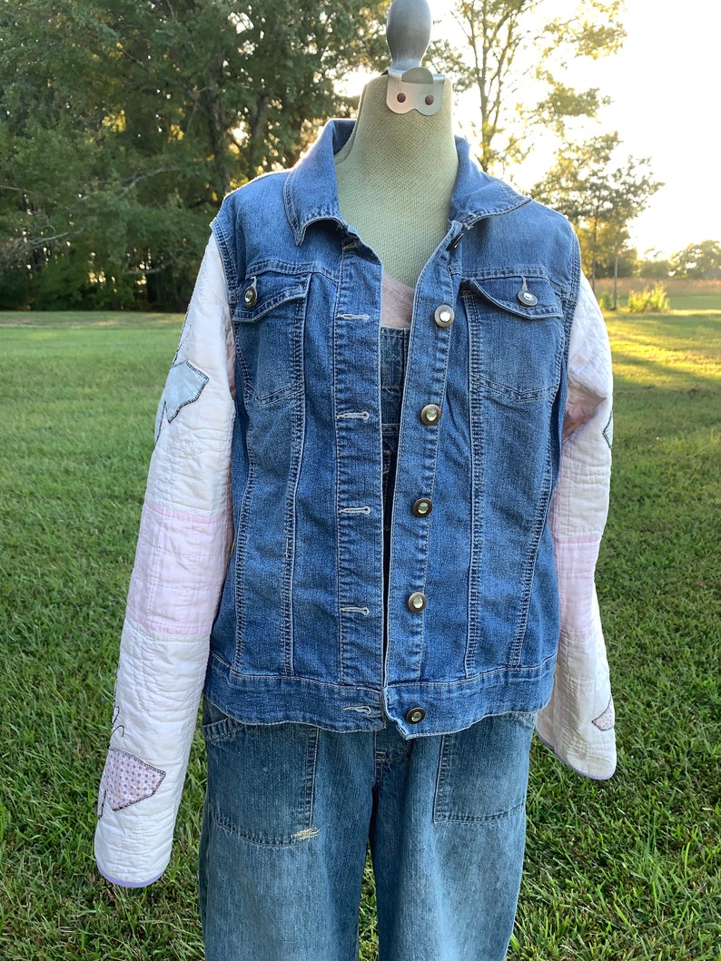 Fall jacket with vintage butterfly quilt sleeves and thrifted denim jacket body XL image 4