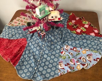Christmas tree skirt from floral blue shirt and fabric scraps