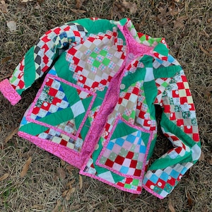 Quilt Coat made with vintage handmade quilt - size L - red green pink blue - Happy Campers of the South (QC31)