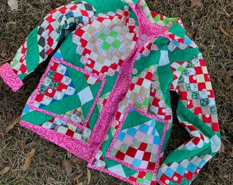 Christmas Quilt Coat made with vintage handmade quilt - size L - red green pink blue - Happy Campers of the South (QC31)