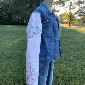 Fall jacket with vintage butterfly quilt sleeves and thrifted denim jacket body XL image 6