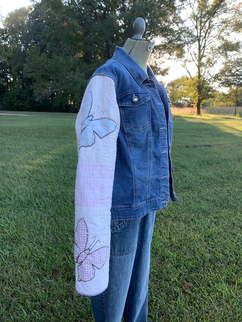 Fall jacket with vintage butterfly quilt sleeves and thrifted denim jacket body XL image 6