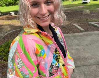 Vintage Handmade Quilt Coat Jacket - Multicolor Patchwork, Size M