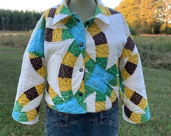 Quilt Coat Jacket made with vintage handmade quilt - size S - yellow green blue brown - Happy Campers of the South (QC29)