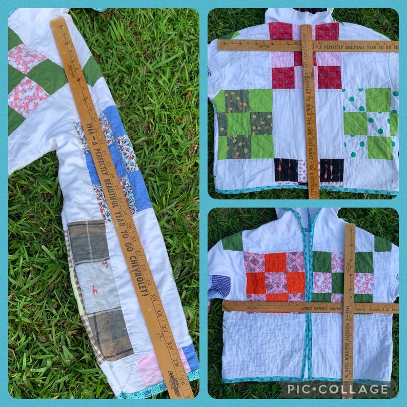 May include: A collage of three images showing a white quilted jacket with different patchwork designs. The jacket is made with a variety of fabrics in pink, red, green, blue, and brown. The jacket is measured with a wooden ruler that has the text "1966 - A perfectly beautiful year to go Chevrolet!" printed on it.