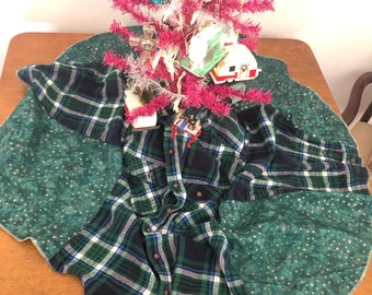 Christmas tree skirt from plaid flannel shirt and fabric scraps
