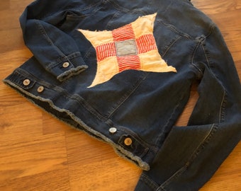 Denim jean jacket with antique quilt patch on back - M