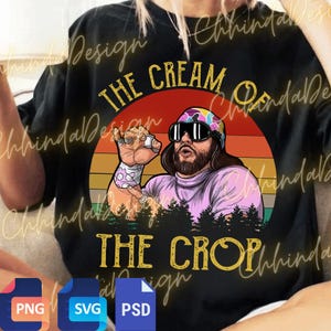 Puede incluir: Camiseta negra con un gráfico retro de un hombre con gafas de sol y un pañuelo colorido. La imagen está ambientada sobre un fondo de puesta de sol con el texto "THE CREAM OF THE CROP" en letras doradas. Un diseño divertido de inspiración vintage.