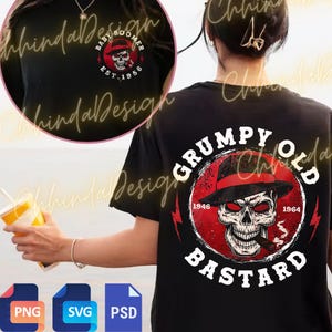 May include: Black t-shirt with a skull in a fedora smoking a cigar, the words "GRUMPY OLD BASTARD" and the years 1946 and 1964. The front of the shirt has a circular design with a skull and the words "BABY BOOMER EST. 1956".
