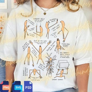 May include: White t-shirt with a humorous cartoon graphic. The graphic features stick figures in various poses with text bubbles containing phrases like "Robert Help" and "You're Ruining the Vibe".