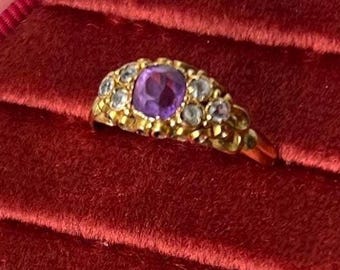 ANTIQUE and RARE Mid-Victorian 15ct Gold Amethyst & White Tourmaline Ring