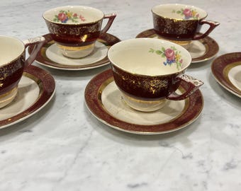 VINTAGE Salem Century Demitasse Tea Cup Set: 23K Gold Encrusted, Burgundy Rim