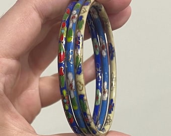 VINTAGE Cloisonne Enamel Floral Bangle Bracelets - Set of Three