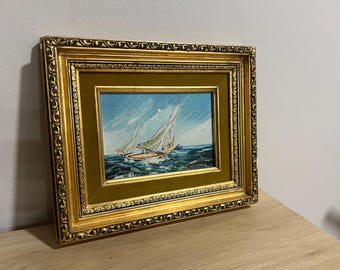 VINTAGE Tiny Seascape Oil Painting by V. Leroy - Antique Style Nautical Ship