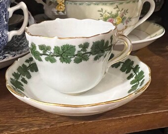 ANTIQUE Meissen Espresso Cup and Saucer: Green Ivy, Gold Trim, Circa 1920s