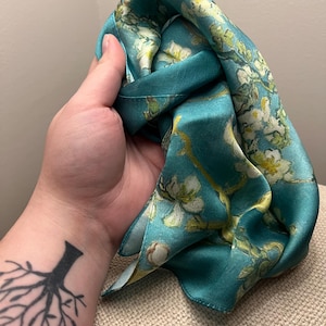 Elegant 100% Silk Scarf - Van Gogh Almond Blossom Design - 53x53 cm